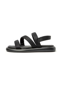 Black sandals with a flat sole, featuring two wide, soft straps and a narrow heel strap for secure fit. Smooth material with no patterns.