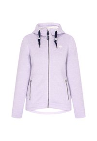 Felpa zip con cappuccio di colore viola chiaro, con cappuccio regolabile, tasche laterali con zip e una texture liscia. Presenta un logo sul petto.