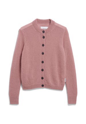 Buttoned dusty pink knit cardigan with long sleeves and a round neckline, laid flat on a white background.