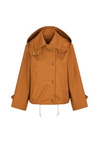 Giacca marrone con cappuccio, caratterizzata da ampi revers, bottoni dorati, un cordoncino regolabile all'orlo e due tasche frontali.