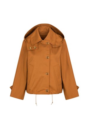 Giacca marrone con cappuccio, caratterizzata da ampi revers, bottoni dorati, un cordoncino regolabile all'orlo e due tasche frontali.