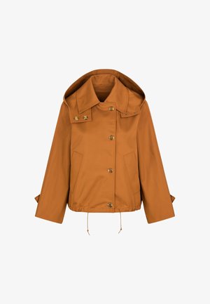 Giacca marrone con cappuccio, caratterizzata da ampi revers, bottoni dorati, un cordoncino regolabile all'orlo e due tasche frontali.