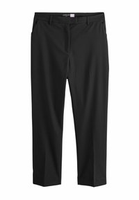 Pantalon noir à coupe ajustée, devant plat, passants pour ceinture et poches latérales. Fabriqué dans un tissu lisse avec un tombé structuré et sans motifs.