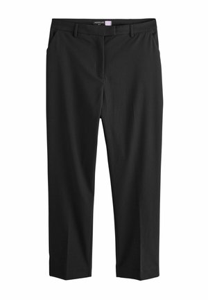 Black trousers with a tailored fit, flat front, belt loops, and side pockets. Made from smooth fabric with a structured drape and no patterns.
