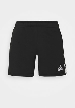 Black Adidas athletic shorts with elastic waistband and white logo on front right leg, featuring subtle side stripe detail.
