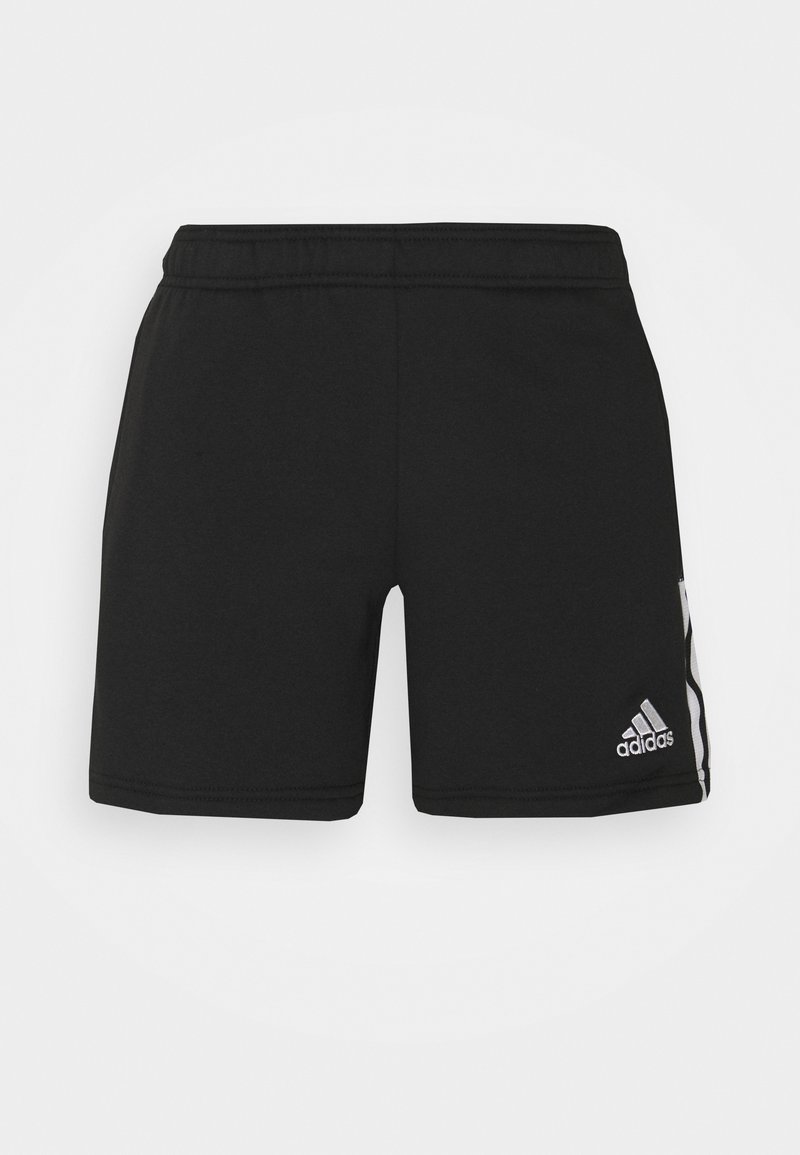 Shorts de sport Adidas noirs avec taille élastique et logo blanc sur la jambe droite avant, avec un détail de bande latérale subtile.