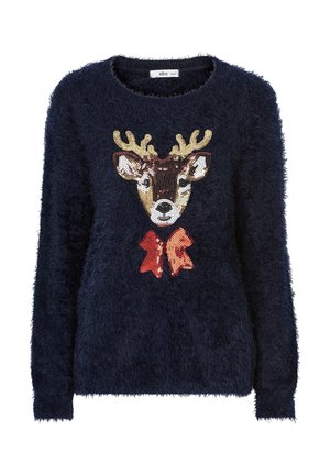 Navy blue fuzzy sweater featuring a sequined reindeer design with antlers and a red bow. Round neck and long sleeves. Soft texture.