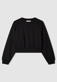 Felpa nera corta con maniche lunghe, scollatura rotonda, polsini e bordo a coste, realizzata in morbido tessuto testurizzato. Design semplice, senza motivi.