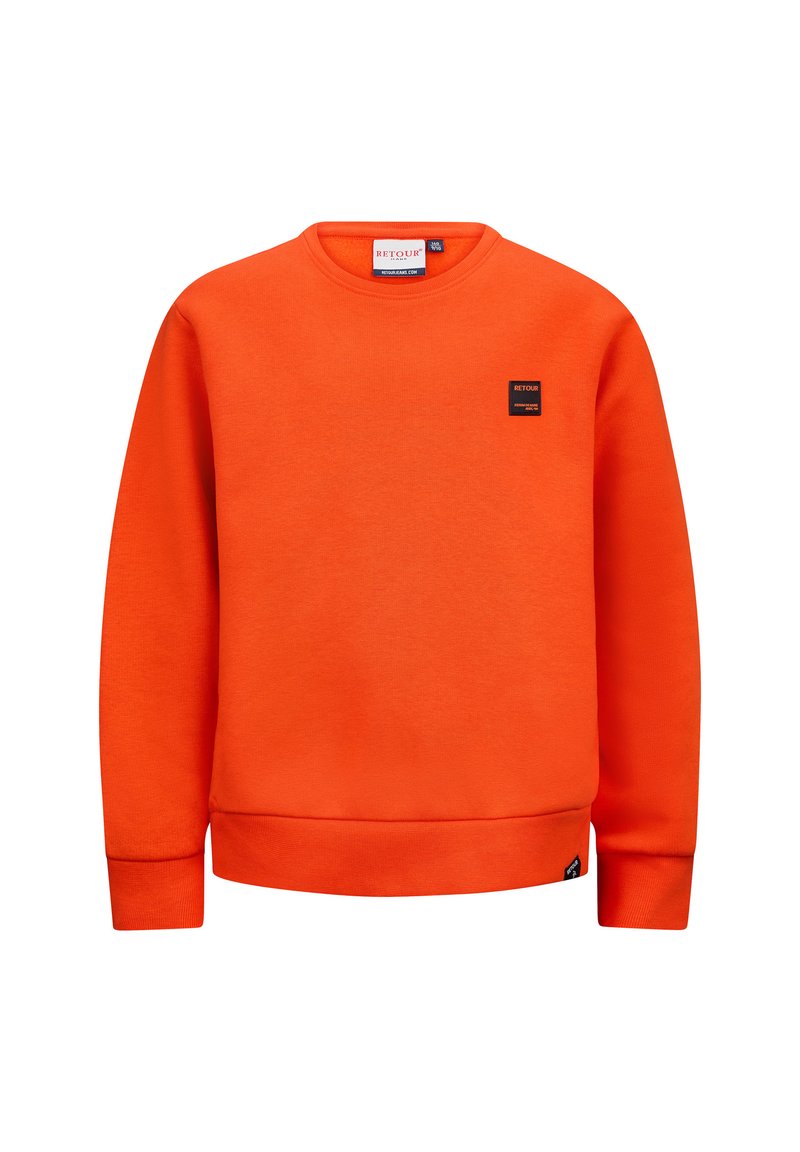 Felpa arancione realizzata in tessuto con una trama liscia, caratterizzata da un collo rotondo, polsini a coste e una piccola toppa nera con logo sul petto.