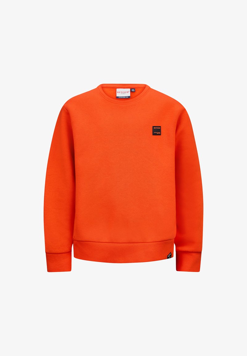 Felpa arancione realizzata in tessuto con una trama liscia, caratterizzata da un collo rotondo, polsini a coste e una piccola toppa nera con logo sul petto.