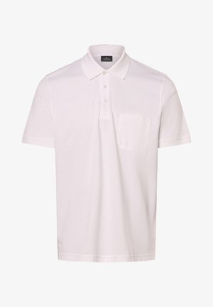 Weißes Poloshirt aus Baumwolle, mit Knopfleiste, kurzen Ärmeln und einer Brusttasche mit einem dezenten Muster. Standard Schnitt.
