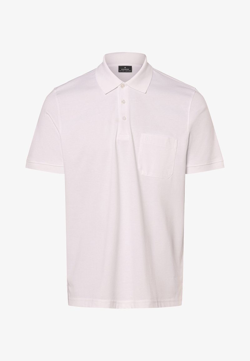 Weißes Poloshirt aus Baumwolle, mit Knopfleiste, kurzen Ärmeln und einer Brusttasche mit einem dezenten Muster. Standard Schnitt.