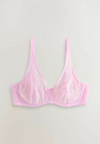 Svetloružová čipkovaná podprsenka s priehľadnými kosticovými šálkami a nastaviteľnými ramennými popruhmi na jednoduchom pozadí.