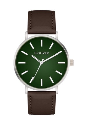 Runde Uhr mit dunkelgrünem Zifferblatt, silbernen Stundenmarkierungen, Edelstahlgehäuse und braunem Lederarmband mit Nahtdetails.