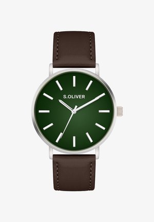Runde Uhr mit dunkelgrünem Zifferblatt, silbernen Stundenmarkierungen, Edelstahlgehäuse und braunem Lederarmband mit Nahtdetails.