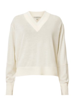 Krämfärgad v-ringad pullovertröja gjord av mjukt stickat tyg. Har långa ärmar, ribbade cuffs och en avslappnad passform.