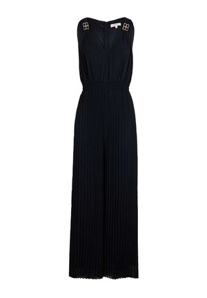 Combinaison noire sans manches avec jambes larges plissées, taille cintrée, décolleté en V et ornements carrés argentés décoratifs sur les épaules.