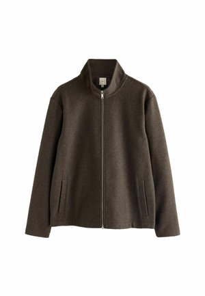 Brown zip-up jacket with a high collar, made from textured fabric. Features side pockets and a straight-cut silhouette.