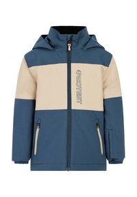 Blue and beige zip-up jacket with a hood, featuring two side pockets, elastic cuffs, and a logo on the front. Smooth texture.