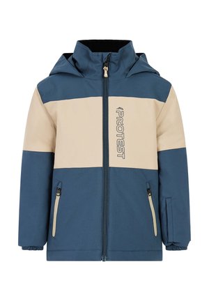 Blauwe en beige ritsjack met een capuchon, voorzien van twee zijzakken, elastische manchetten en een logo op de voorkant. Gladde textuur.