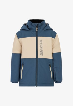 Blau-beige Zip-Jacke mit Kapuze, zwei Seitentaschen, elastischen Bündchen und einem Logo auf der Vorderseite. Glatte Textur.