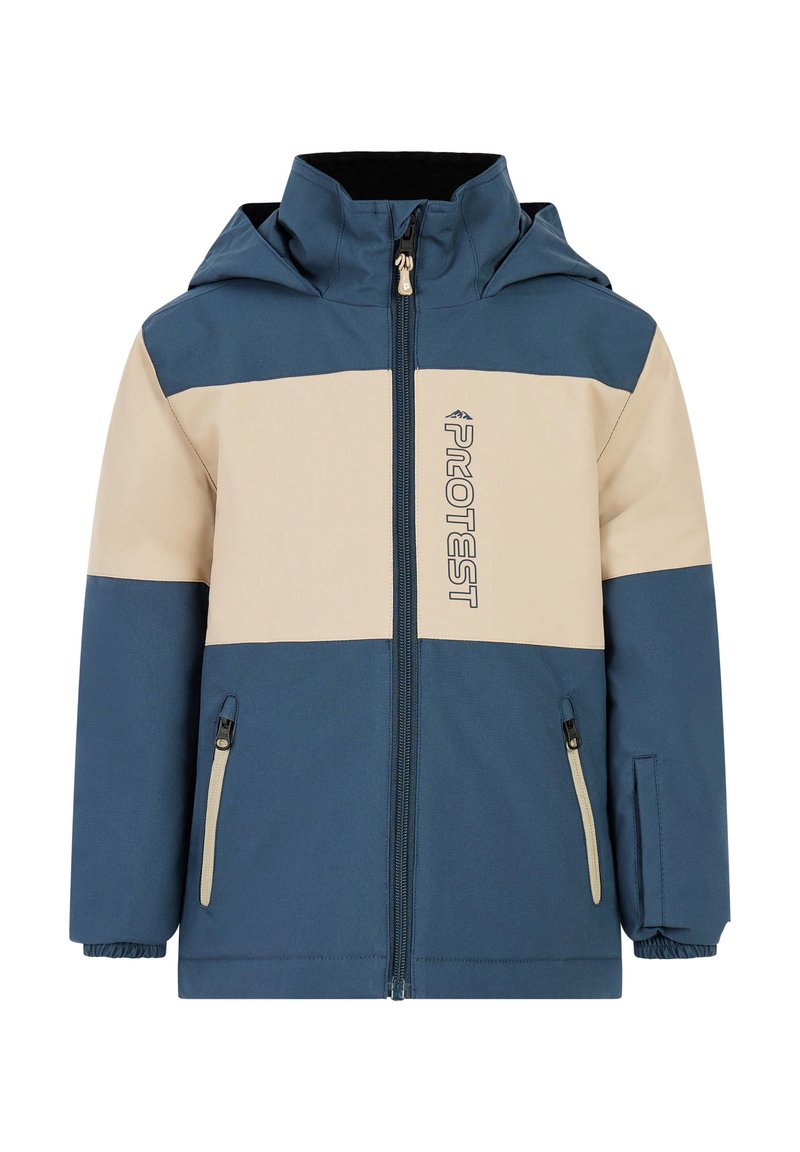 Blue and beige zip-up jacket with a hood, featuring two side pockets, elastic cuffs, and a logo on the front. Smooth texture.