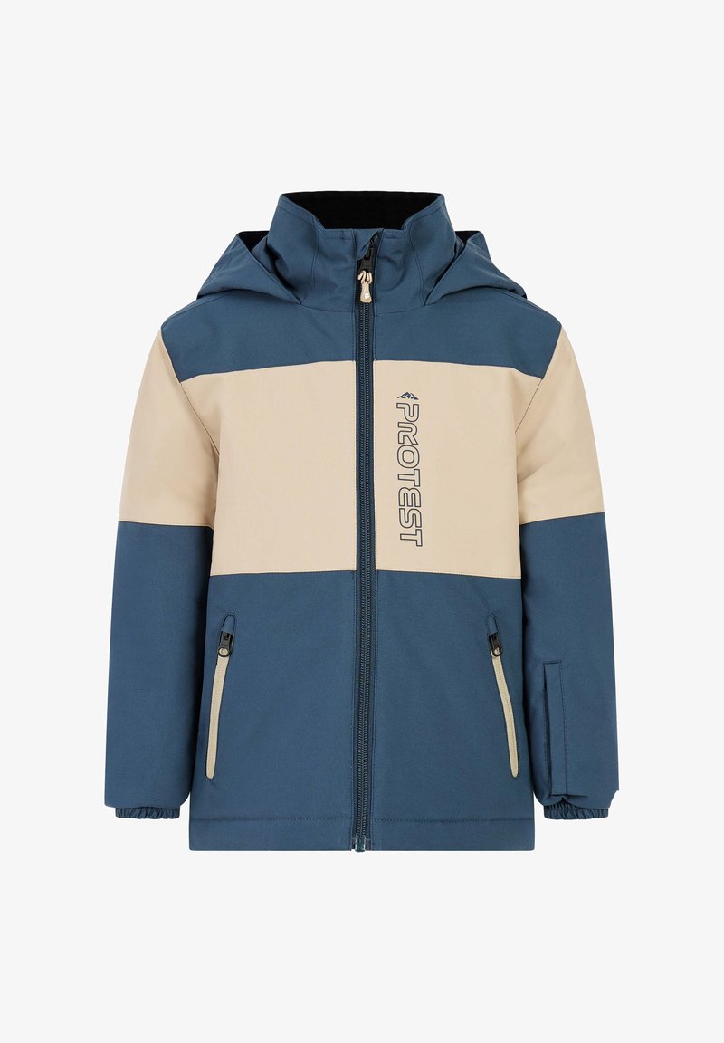 Blue and beige zip-up jacket with a hood, featuring two side pockets, elastic cuffs, and a logo on the front. Smooth texture.