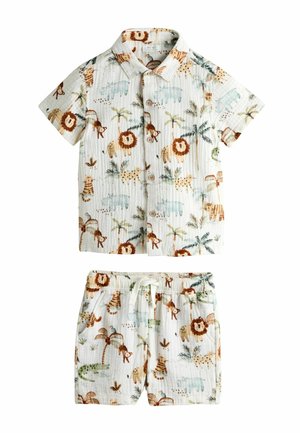 Short-sleeve shirt and shorts set made from soft, light fabric featuring a colorful jungle animal print in tones of brown, green, and blue.