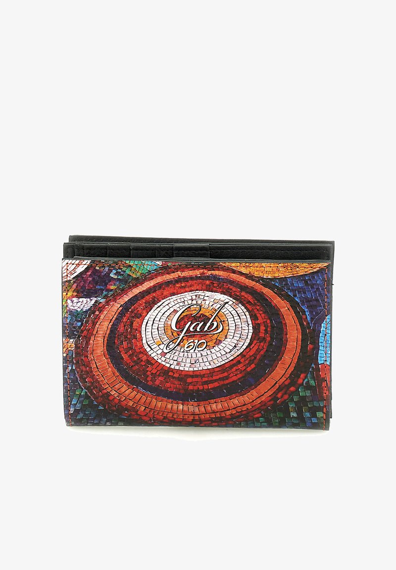 Piccolo portafoglio nero con motivo colorato a mosaico circolare e logo "Gabs" al centro sul lato anteriore.