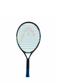 Tennisracket met een zwart frame en een blauwe grip, met een blauw en groen snarenpatroon in een ronde vorm. Opvallend logo zichtbaar.