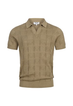 Beige kortermet strikket poloskjorte med firkantmønstret åpen veving og ribbestrikket krage, mansjetter og nederkant, størrelse medium.