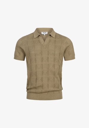 Beige kortermet strikket poloskjorte med firkantmønstret åpen veving og ribbestrikket krage, mansjetter og nederkant, størrelse medium.