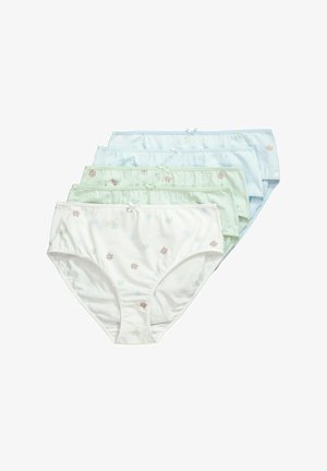 Pięć par damskich majtek w jasnych kolorach: białym, jasnoróżowym i niebieskim, z drobnymi kwiatowymi wzorami i kokardkami na talii.