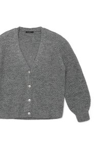 Grau gestrickte Strickjacke mit V-Ausschnitt, strukturiertem Muster, langen Puffärmeln und fünf dekorativen Knöpfen auf der Vorderseite.