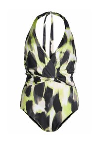 Costume da bagno intero nero e verde tie-dye con scollatura a V profonda e spalline a halter. Il tessuto è liscio e leggero, con una texture elastica.