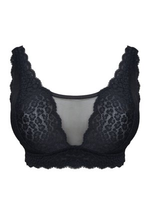 Black lace bralette with scalloped edges, mesh center panel, and wide shoulder straps, designed for comfort and style.