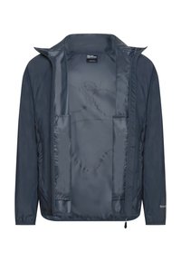 Veste légère bleu marine avec une texture lisse, une fermeture éclair complète, une capuche ajustable et plusieurs poches intérieures pour le rangement.