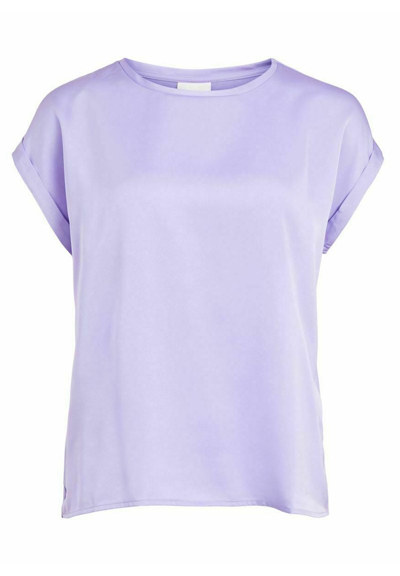 Top corto viola a maniche corte realizzato in tessuto liscio e leggero, con scollo rotondo e risvolti sulle maniche, caratterizzato da una vestibilità comoda.
