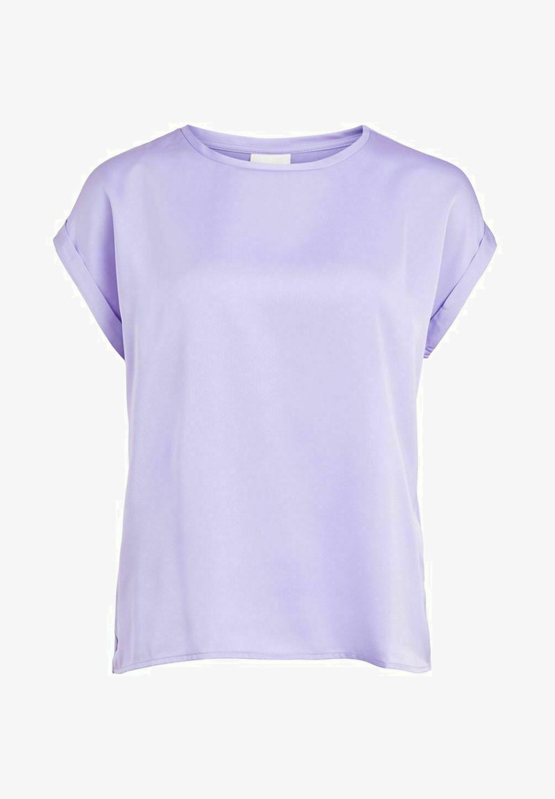 Top corto viola a maniche corte realizzato in tessuto liscio e leggero, con scollo rotondo e risvolti sulle maniche, caratterizzato da una vestibilità comoda.