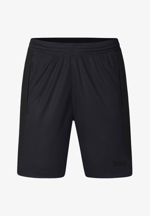 Schwarze Sportshorts mit einem Netz-Seitenpanel, elastischem Bund und Logodetail. Hergestellt aus leichtem synthetischem Material mit glatter Textur.