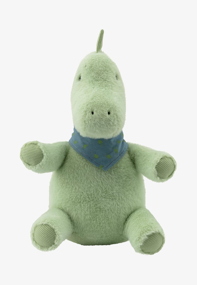 Green plush dinosaur toy with a rounded body, soft texture, striped hands, and a blue bandana with green patterns.