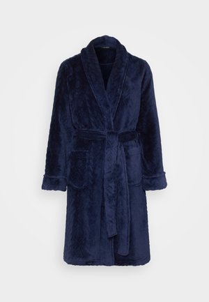 Marineblauer flauschiger Bademantel mit Schal-Kragen, Bindegurt, zwei vorderen Taschen und strukturiertem Stoff.