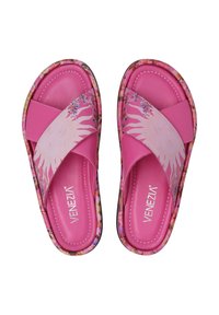 Roze sandaalschoenen met kruisbanden en bloemenprintaccenten. Zacht materiaal, gevoerde voetbed en zwarte zool. Merknam "Venezia" op de binnenzool.
