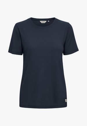 Marineblauwe T-shirt met korte mouwen van textuurstof, met een ronde halslijn; heeft een klein logolabel aan de onderzijde.