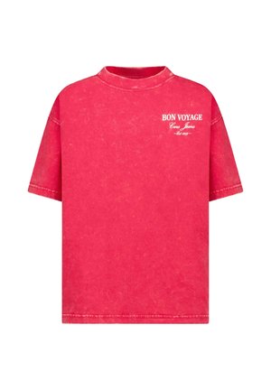 Rode, oversized katoenen T-shirt met een ronde hals. Voorzien van witte tekst "BON VOYAGE" en een spijkerstof labeldetail op de borst. Vintage wastetekstuur.