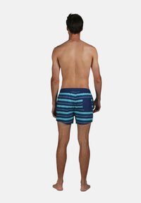 Shorts de bain rayés bleu marine et bleu sarcelle avec une taille élastique et une poche latérale, présentant une coupe décontractée et une texture de tissu lisse.