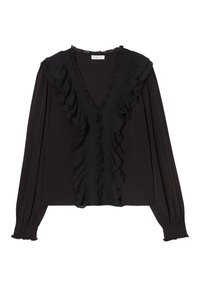 Blouse noire à manches longues, décolleté en V profond et détail à volants à l'avant. Équipée de poignets élastiques et d'un tissu texturé avec une finition lisse.