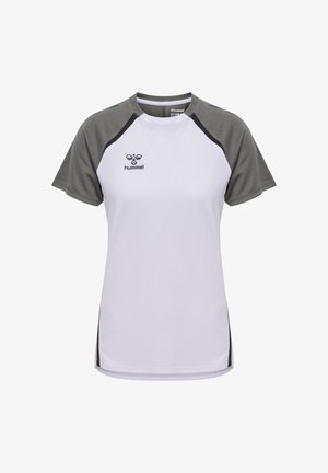 Sportliches Kurzarm-T-Shirt mit weißem Körper, grauen Akzenten an den Schultern, schwarzen Details und einem Logo auf der oberen linken Seite.