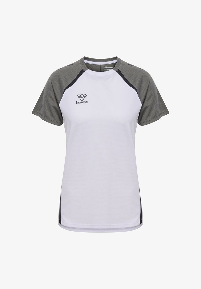 T-shirt de sport à manches courtes avec un corps blanc, des accents gris sur les épaules, des détails noirs et un logo sur le coin supérieur gauche.