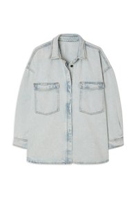 Giacca in denim azzurro chiaro con chiusura a bottoni, colletto a punta e due tasche frontali. Presenta una vestibilità rilassata e una texture scolorita.